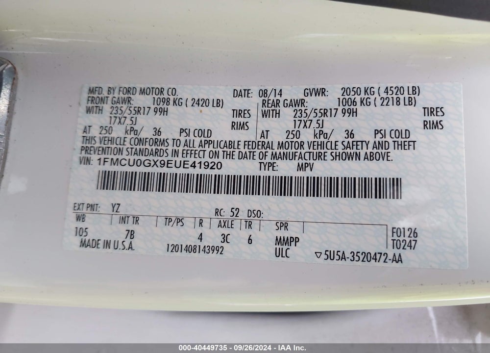 2014 FORD ESCAPE SE VIN: 1FMCU0GX9EUE41920