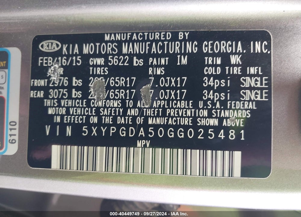 2016 KIA SORENTO 3.3L LX VIN: 5XYPGDA50GG025481
