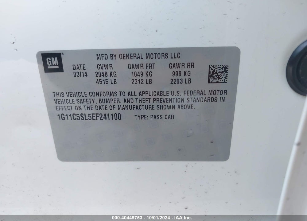2014 CHEVROLET MALIBU 1LT VIN: 1G11C5SL5EF241100