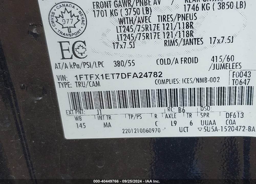 2013 FORD F-150 XLT VIN: 1FTFX1ET7DFA24782