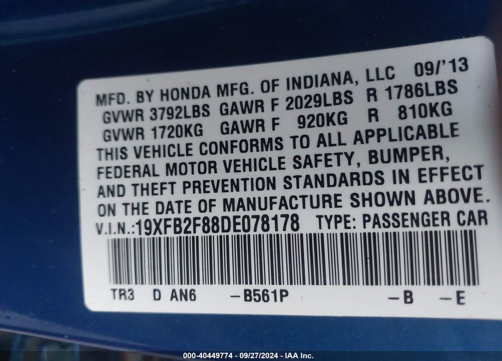 2013 HONDA CIVIC EX VIN: 19XFB2F88DE078178