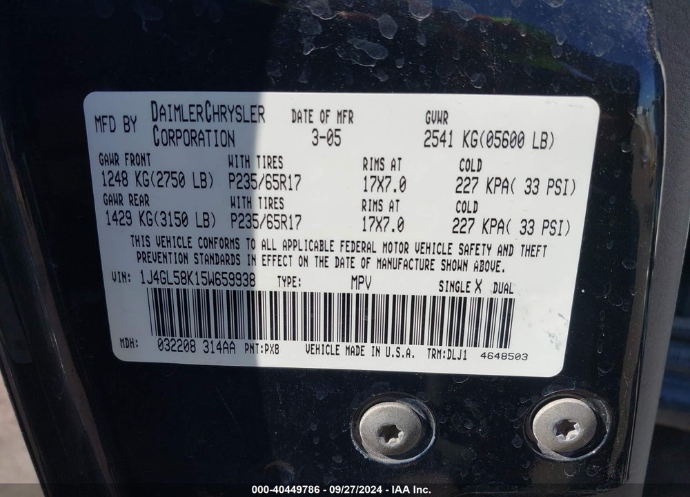 2005 JEEP LIBERTY LIMITED EDITION VIN: 1J4GL58K15W659938