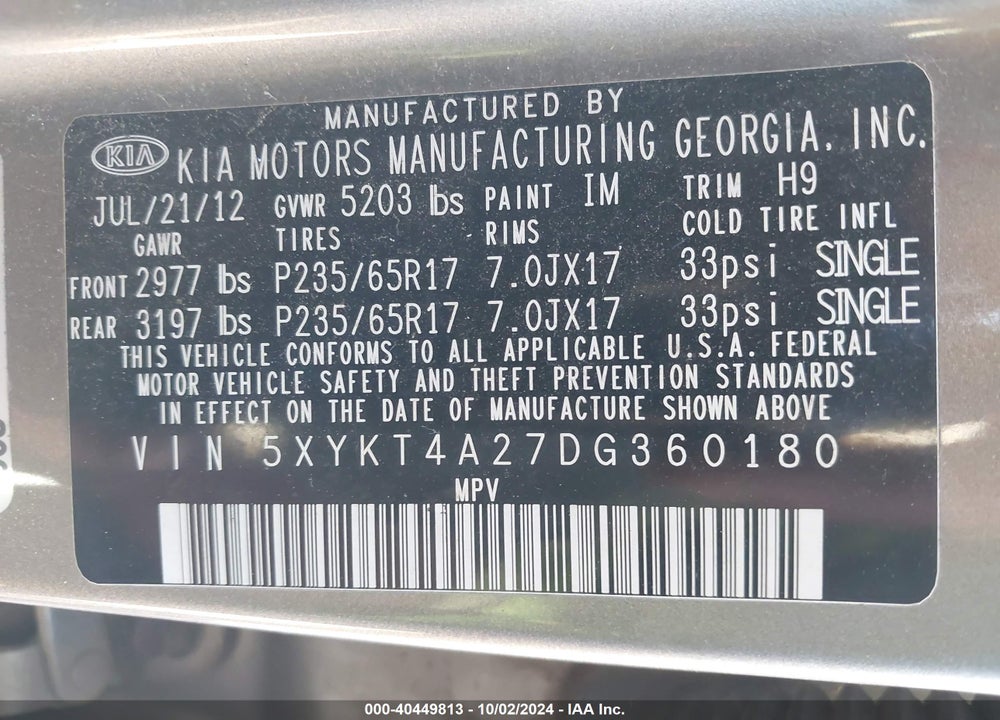 2013 KIA SORENTO LX V6 VIN: 5XYKT4A27DG360180