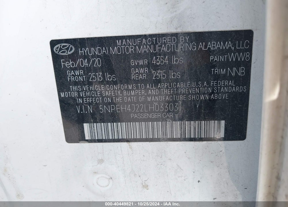 2020 HYUNDAI SONATA LIMITED VIN: 5NPEH4J22LH033031