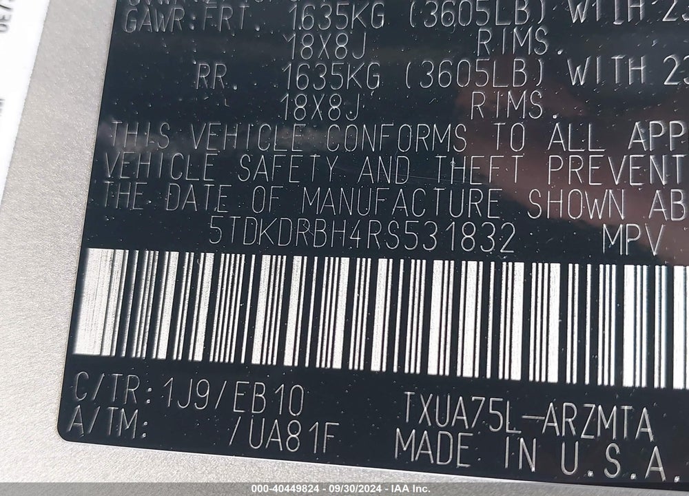 2024 TOYOTA HIGHLANDER XLE VIN: 5TDKDRBH4RS531832