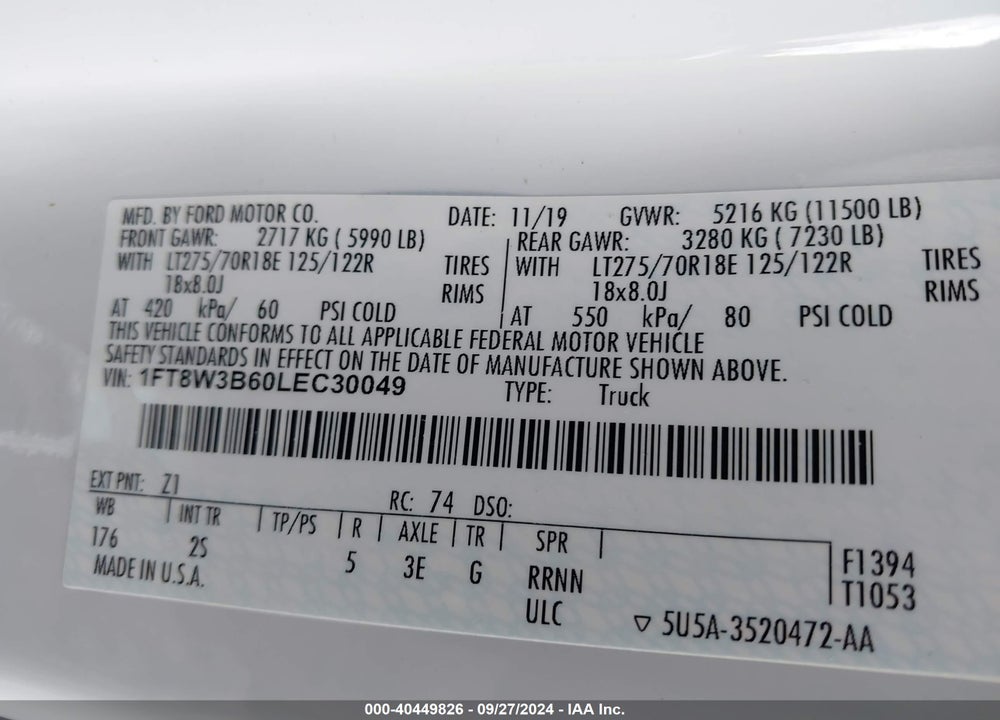2020 FORD F-350 XLT VIN: 1FT8W3B60LEC30049