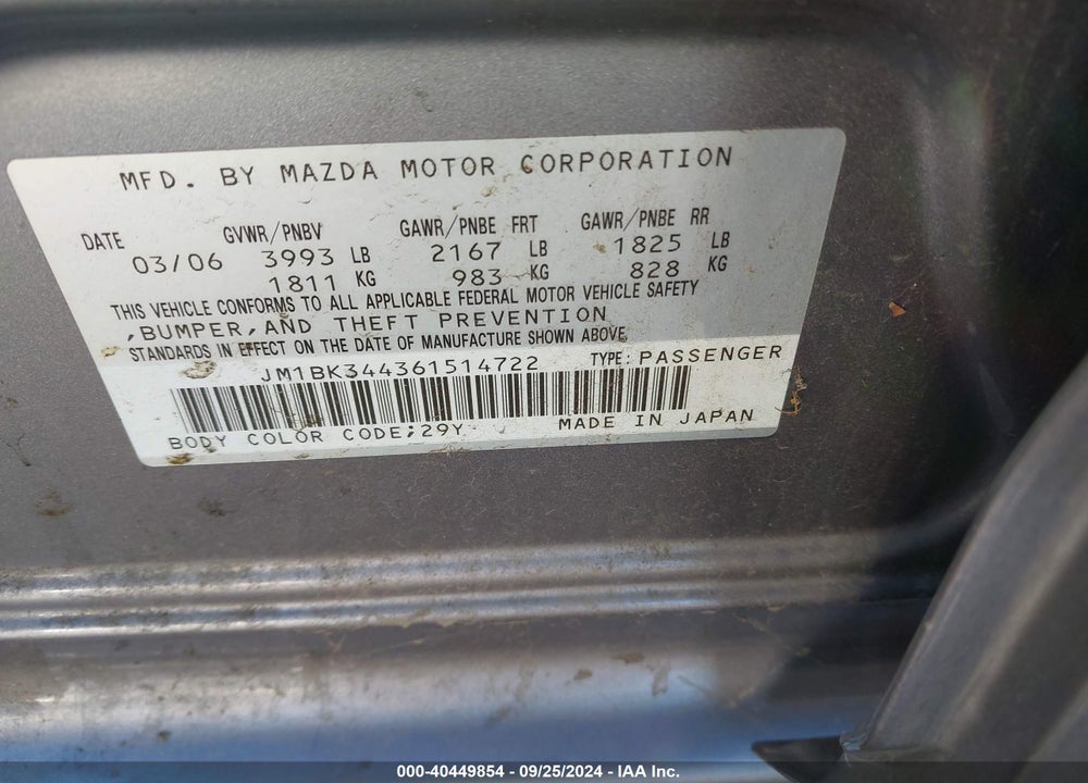 2006 MAZDA 3 S GRAND TOURING VIN: JM1BK344361514722