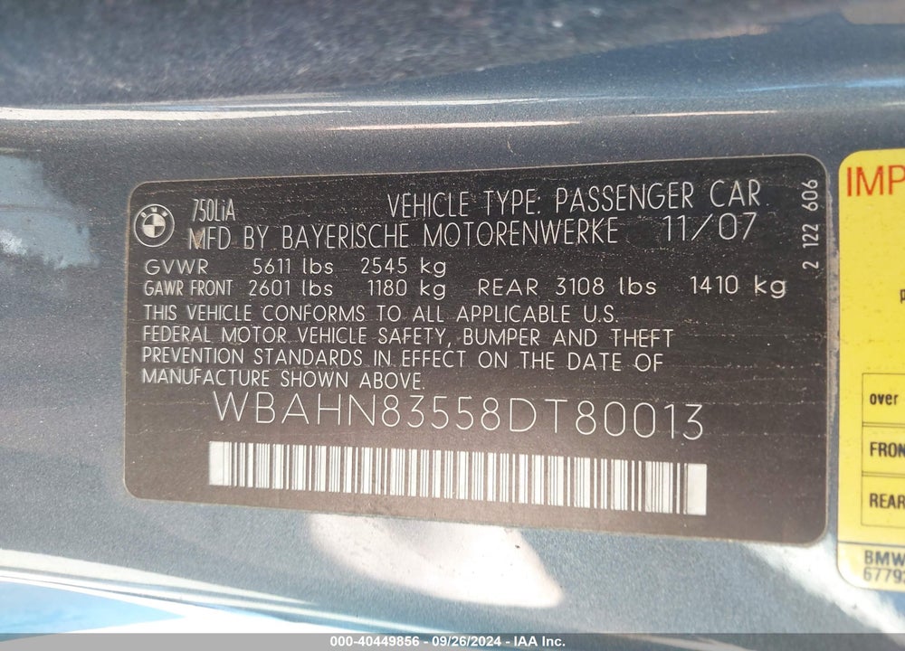 2008 BMW 750LI VIN: WBAHN83558DT80013