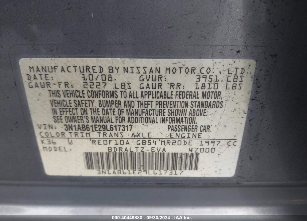 2009 NISSAN SENTRA 2.0S VIN: 3N1AB61E29L617317