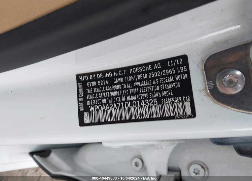 2013 PORSCHE PANAMERA 4 VIN: WP0AA2A71DL014325