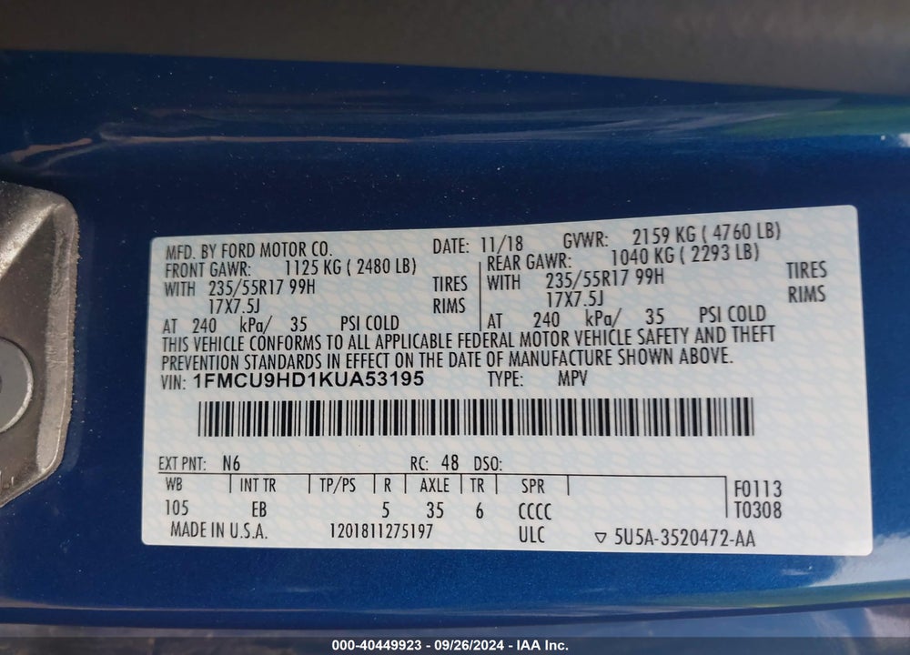 2019 FORD ESCAPE SEL VIN: 1FMCU9HD1KUA53195
