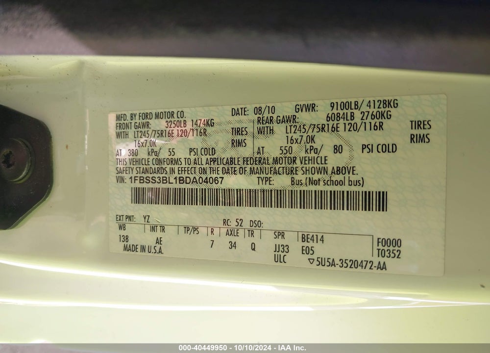 2011 FORD E-350 SUPER DUTY XL VIN: 1FBSS3BL1BDA04067