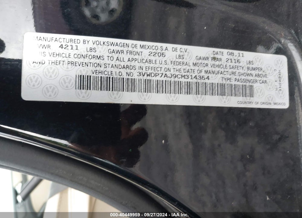 2012 VOLKSWAGEN JETTA 2.5L SE VIN: 3VWDP7AJ9CM314354