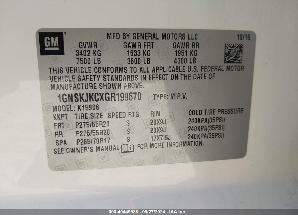 2016 CHEVROLET SUBURBAN LTZ VIN: 1GNSKJKCXGR199670