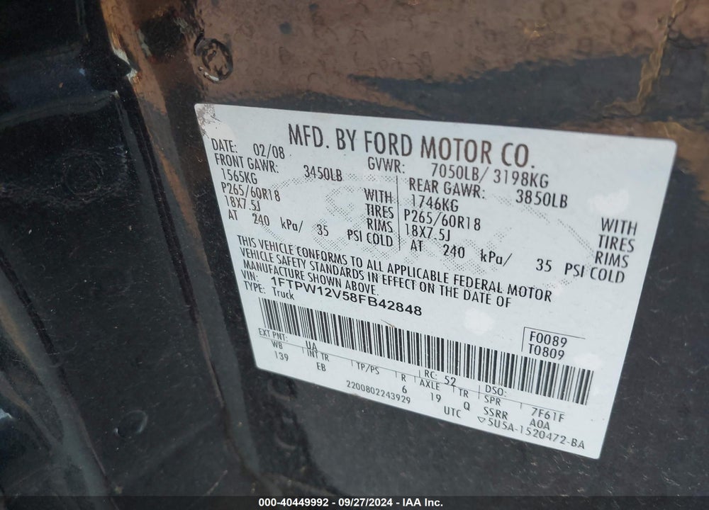 2008 FORD F-150 60TH ANNIVERSARY/FX2/KING RANCH/LARIAT/XLT VIN: 1FTPW12V58FB42848