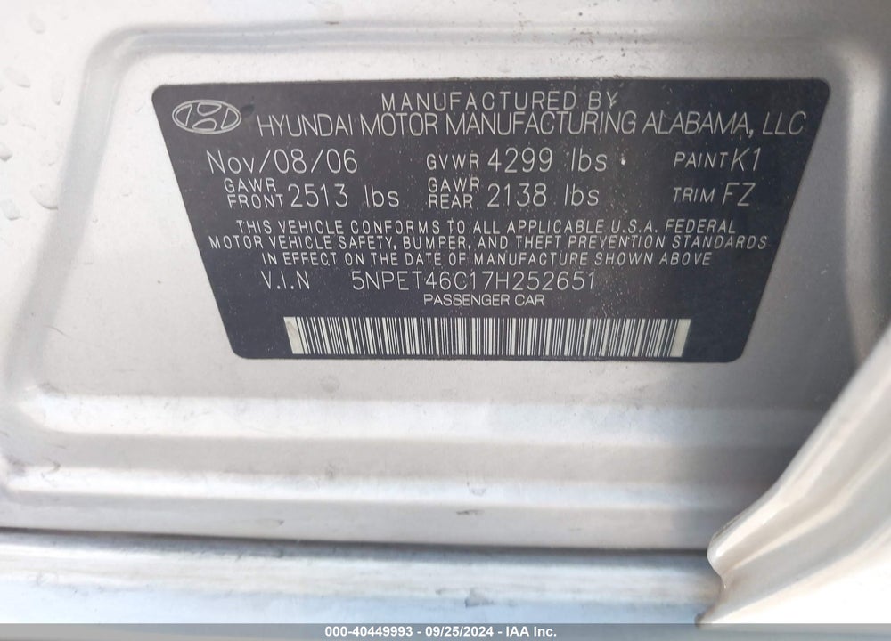 2007 HYUNDAI SONATA GLS VIN: 5NPET46C17H252651