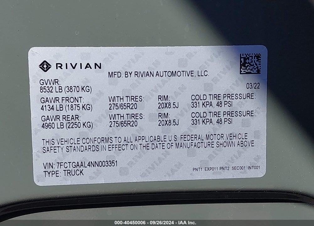 2022 RIVIAN R1T LAUNCH EDITION VIN: 7FCTGAAL4NN003351