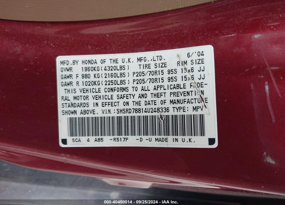 2004 HONDA CR-V EX VIN: SHSRD78814U248336