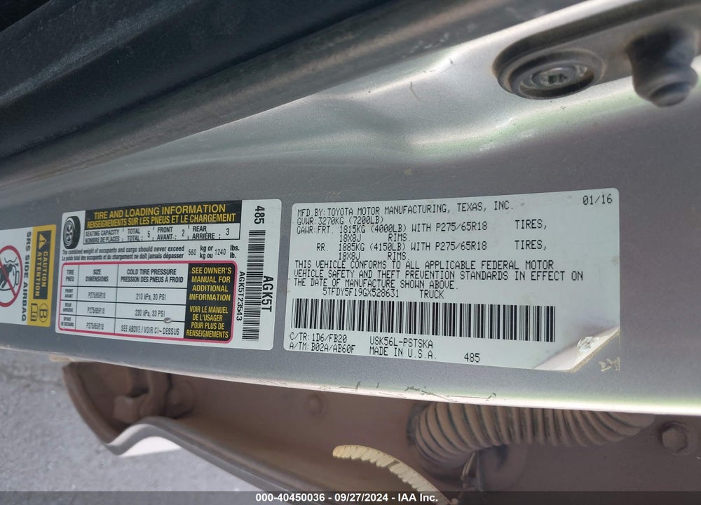 2016 TOYOTA TUNDRA SR5 5.7L V8 VIN: 5TFDY5F19GX528631
