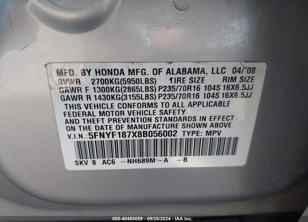 2008 HONDA PILOT EX-L VIN: 5FNYF187X8B056002