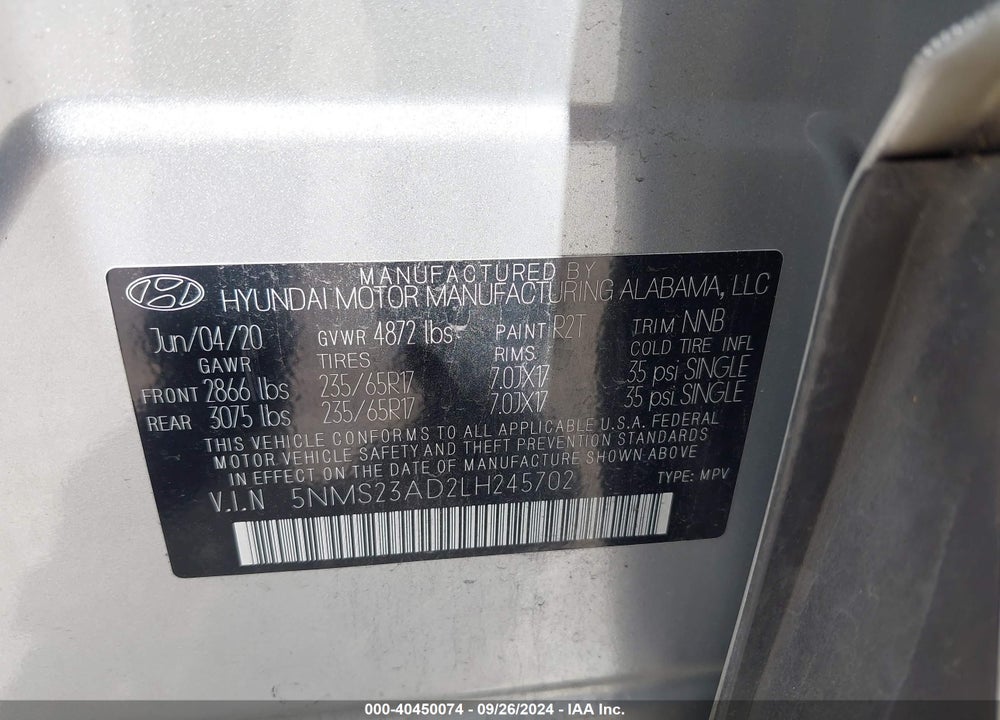 2020 HYUNDAI SANTA FE SE VIN: 5NMS23AD2LH245702