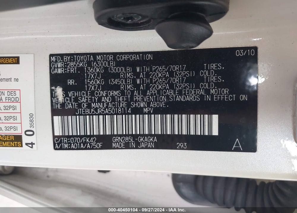 2010 TOYOTA 4RUNNER SR5 V6 VIN: JTEBU5JR5A5018114