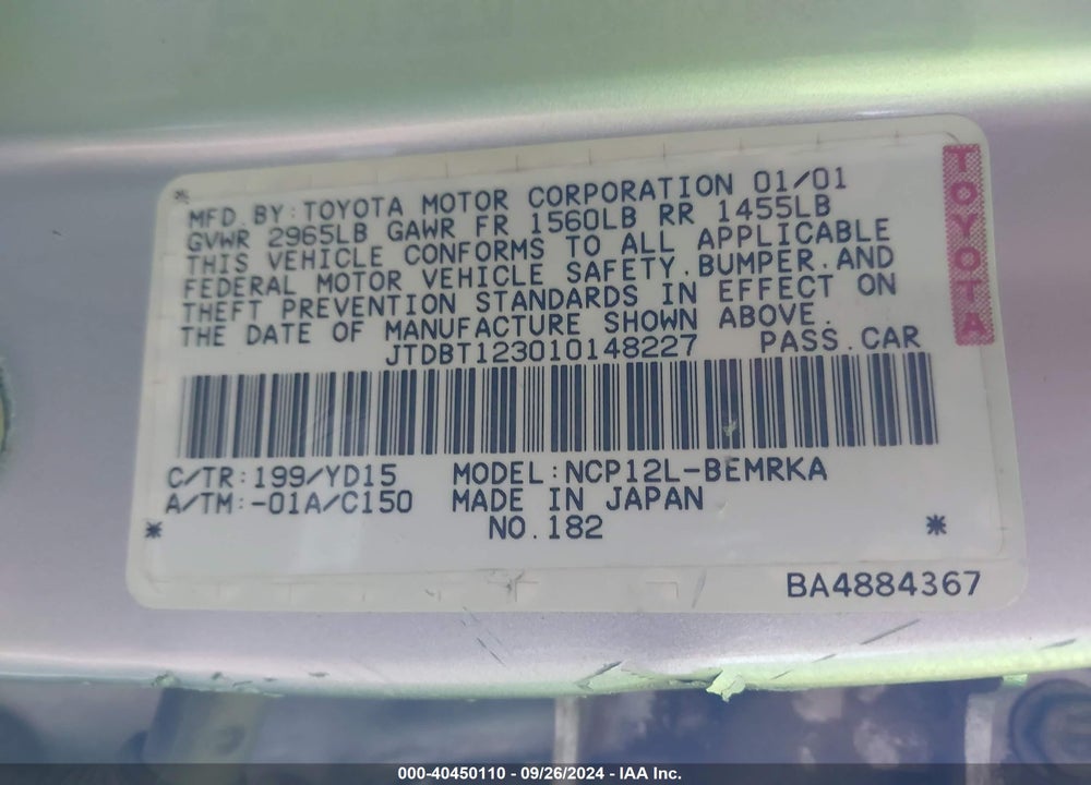 2001 TOYOTA ECHO VIN: JTDBT123010148227