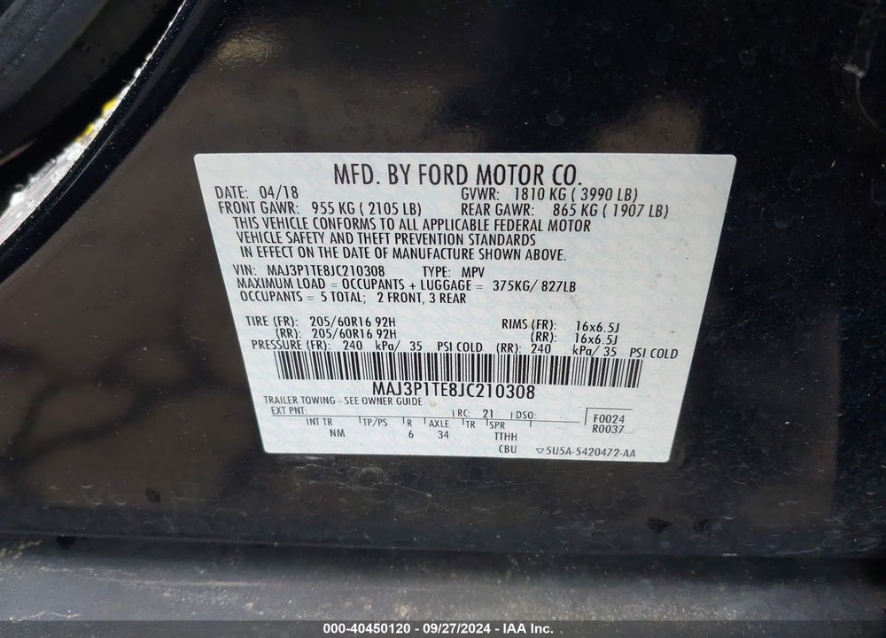 2018 FORD ECOSPORT SE VIN: MAJ3P1TE8JC210308