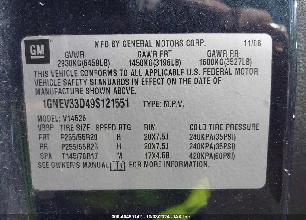 2009 CHEVROLET TRAVERSE LTZ VIN: 1GNEV33D49S121551