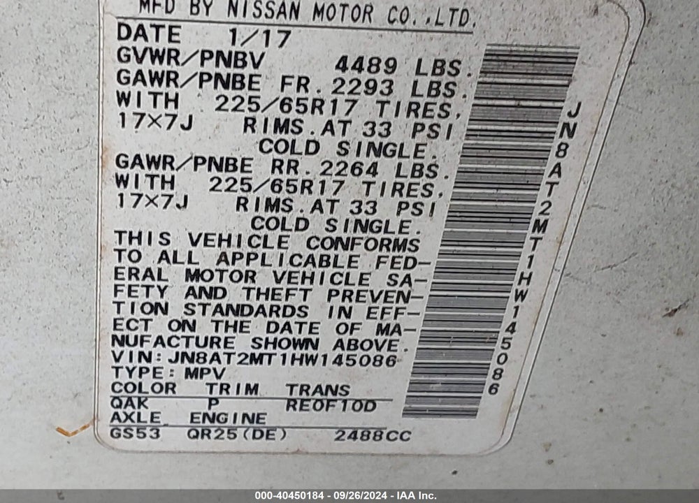 2017 NISSAN ROGUE SV VIN: JN8AT2MT1HW145086
