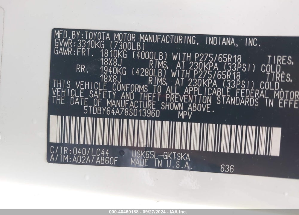 2008 TOYOTA SEQUOIA SR5 5.7L V8 VIN: 5TDBY64A78S013960