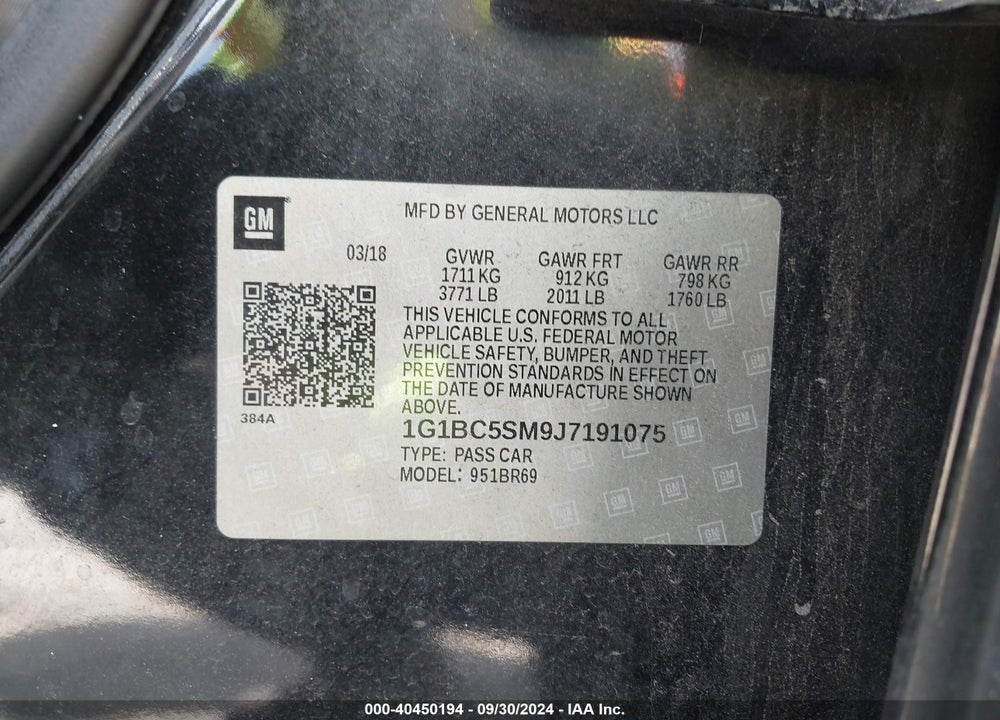 2018 CHEVROLET CRUZE VIN: 1G1BC5SM9J7191075