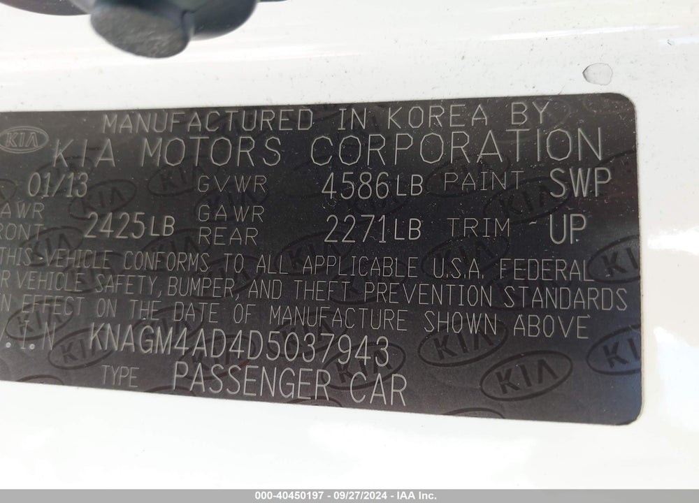 2013 KIA OPTIMA HYBRID EX VIN: KNAGM4AD4D5037943