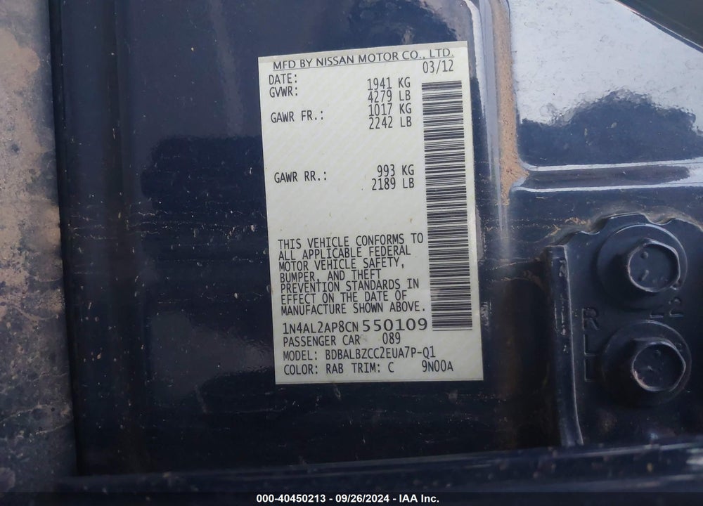 2012 NISSAN ALTIMA 2.5 S VIN: 1N4AL2AP8CN550109
