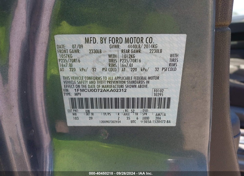 2010 FORD ESCAPE XLT VIN: 1FMCU0D72AKA02312