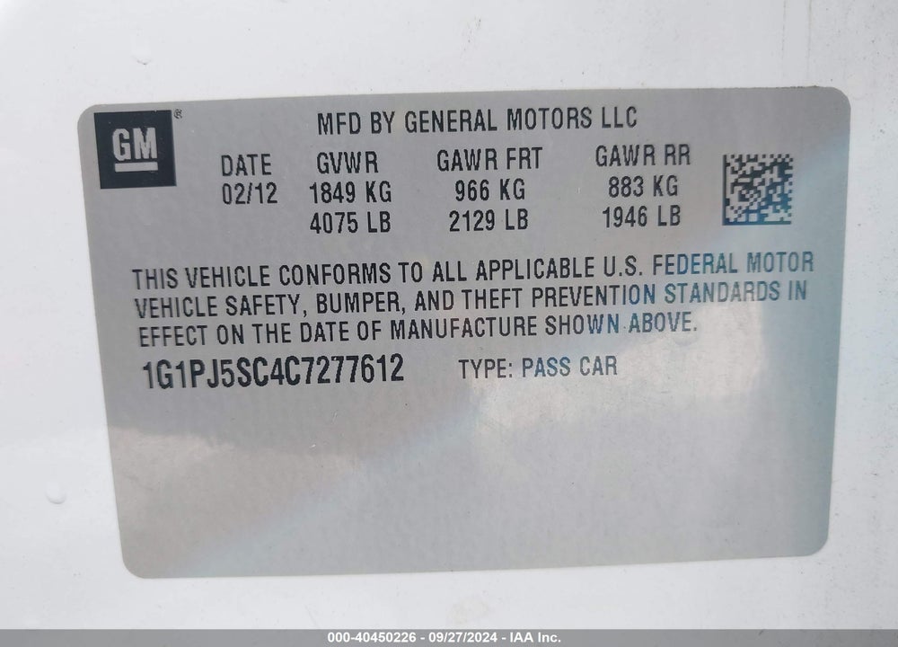 2012 CHEVROLET CRUZE ECO VIN: 1G1PJ5SC4C7277612