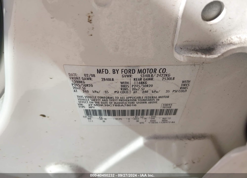 2008 FORD EDGE LIMITED VIN: 2FMDK39C78BA78016