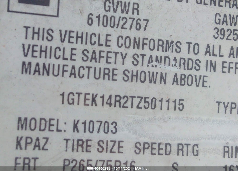 1996 GMC SIERRA K1500 VIN: 1GTEK14R2TZ501115