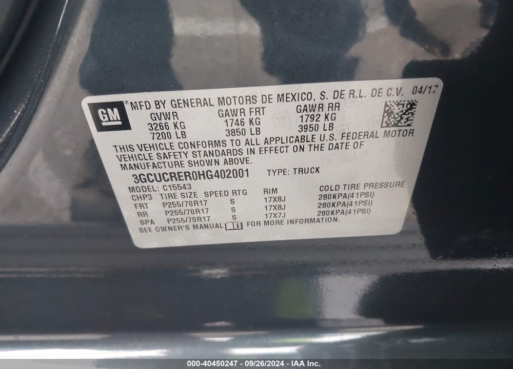 2017 CHEVROLET SILVERADO 1500 1LT VIN: 3GCUCRER0HG402001