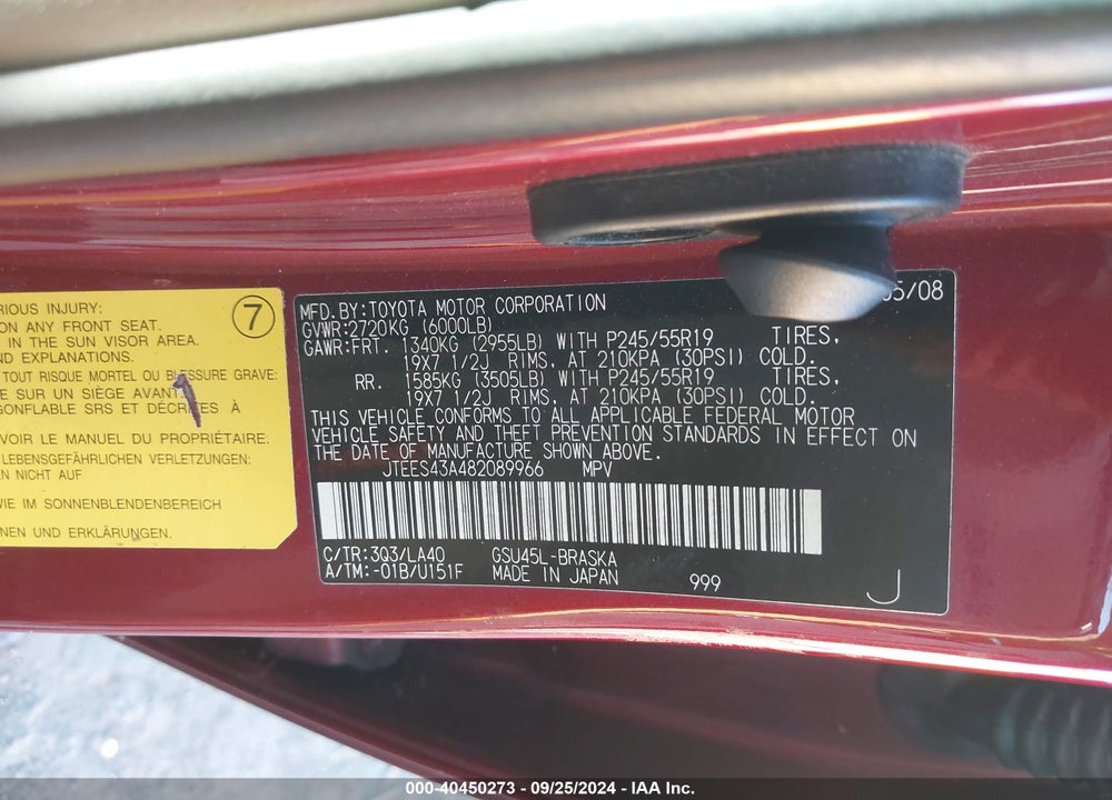 2008 TOYOTA HIGHLANDER SPORT VIN: JTEES43A482089966