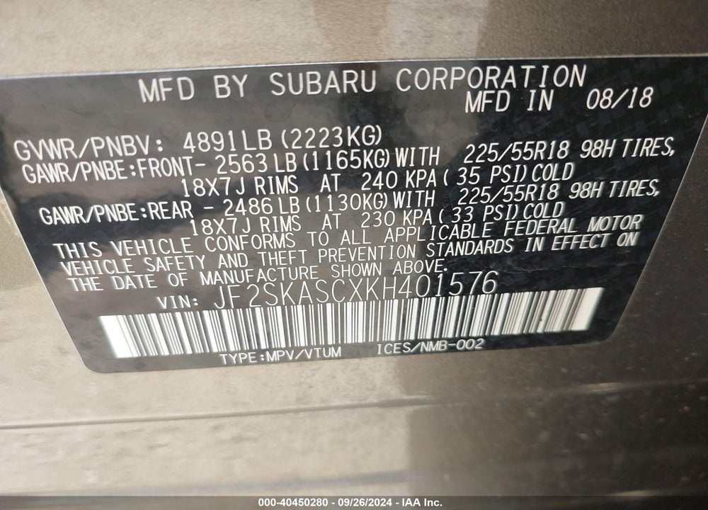 2019 SUBARU FORESTER LIMITED VIN: JF2SKASCXKH401576