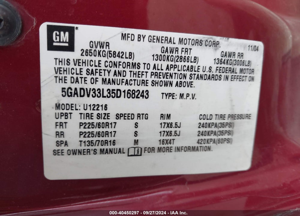2005 BUICK TERRAZA CXL VIN: 5GADV33L35D168243