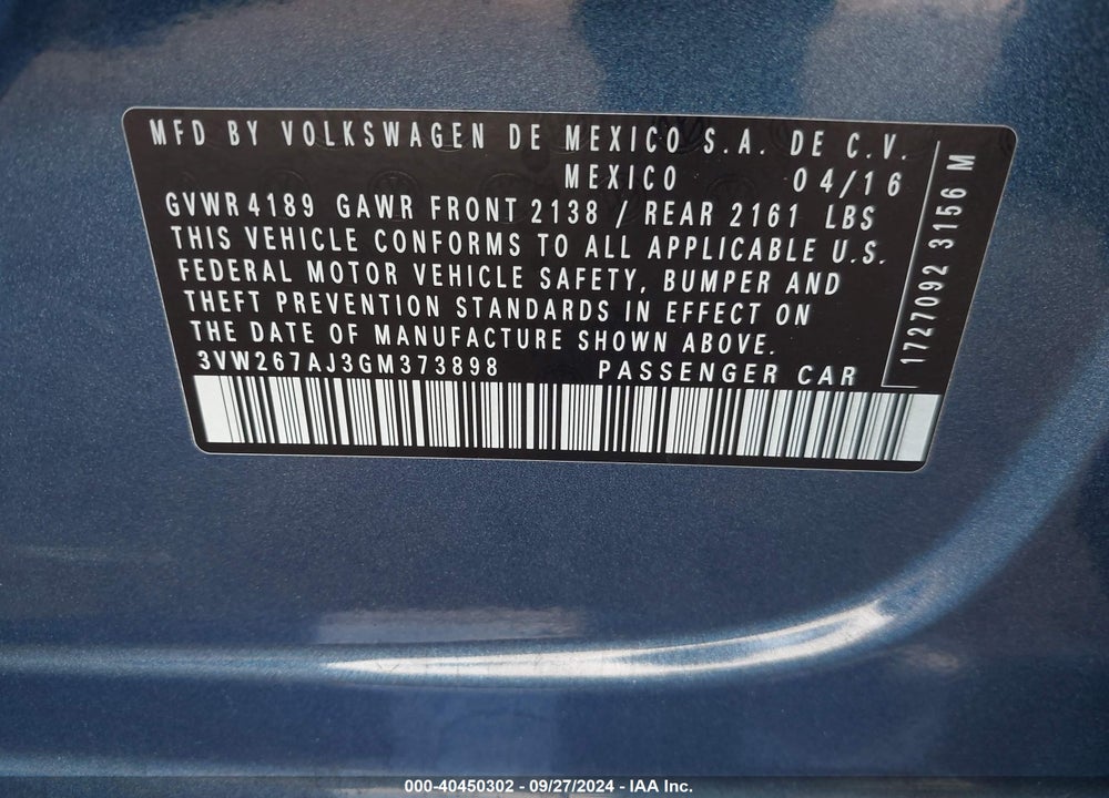 2016 VOLKSWAGEN JETTA 1.4T S VIN: 3VW267AJ3GM373898
