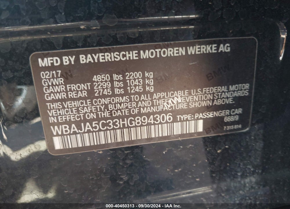 2017 BMW 530I VIN: WBAJA5C33HG894306