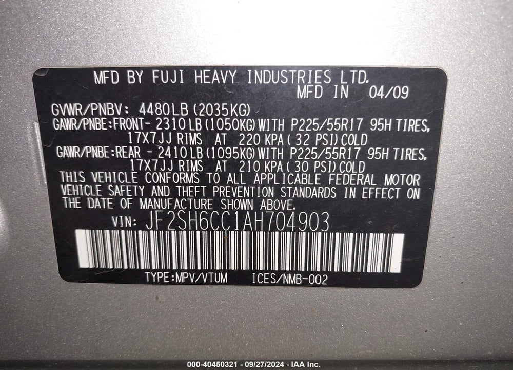 2010 SUBARU FORESTER 2.5X PREMIUM VIN: JF2SH6CC1AH704903