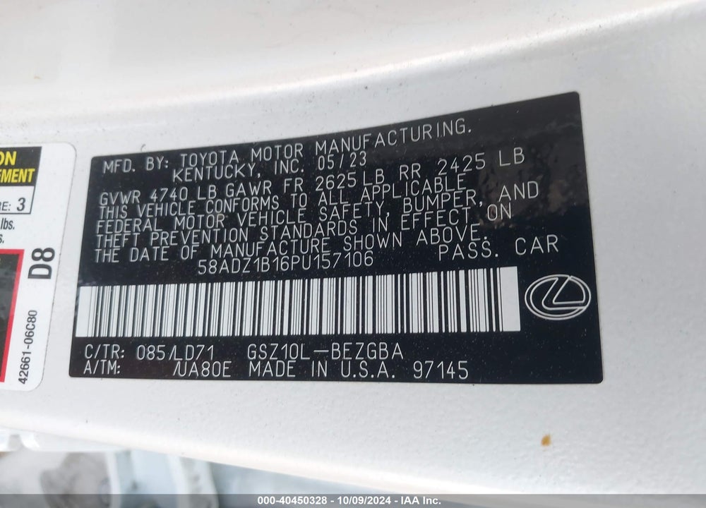 2023 LEXUS ES 350 VIN: 58ADZ1B16PU157106