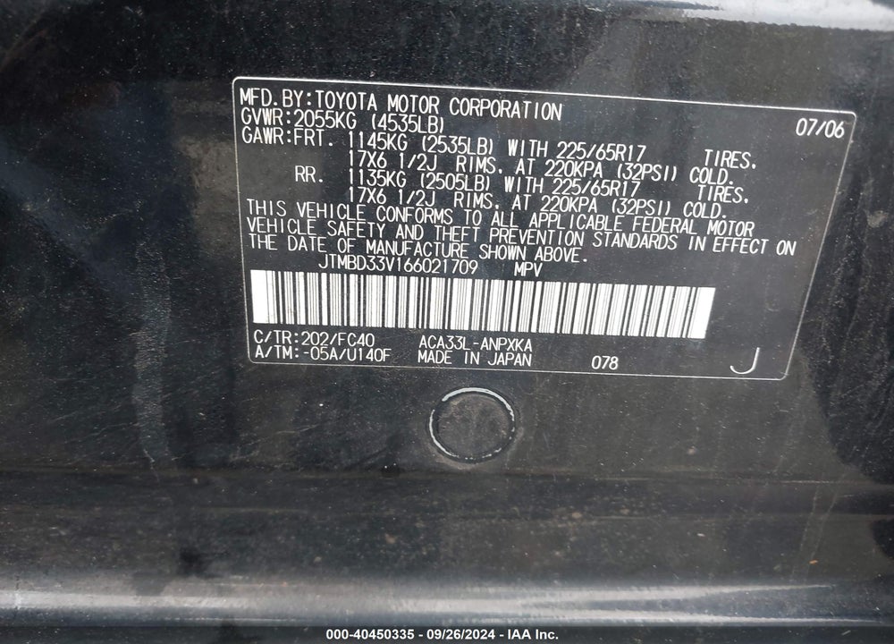 2006 TOYOTA RAV4 VIN: JTMBD33V166021709