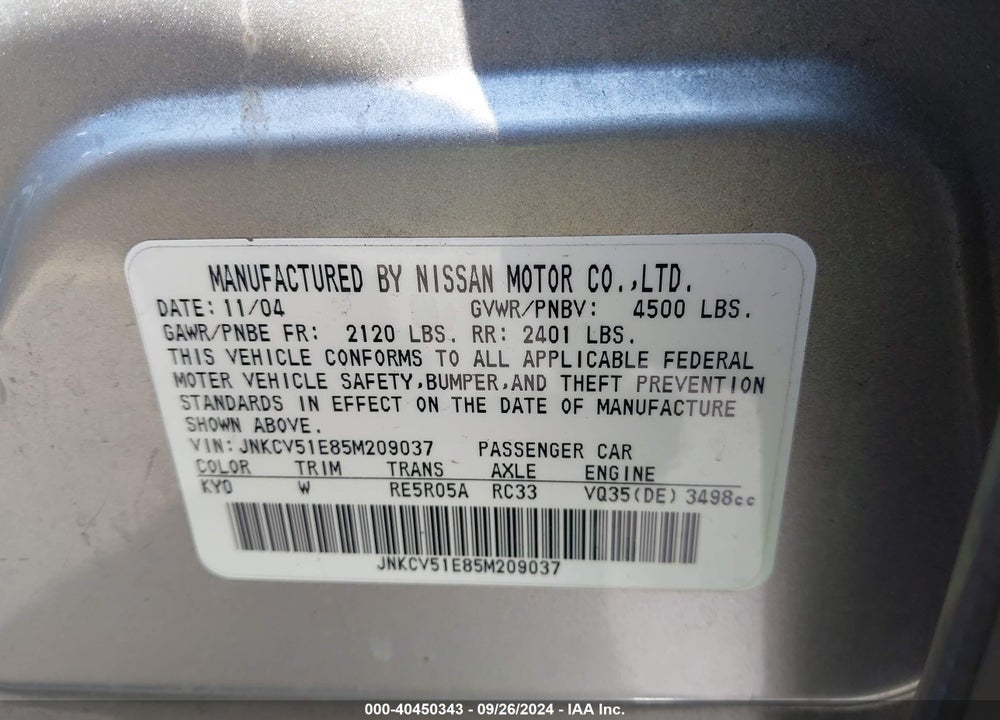 2005 INFINITI G35 VIN: JNKCV51E85M209037