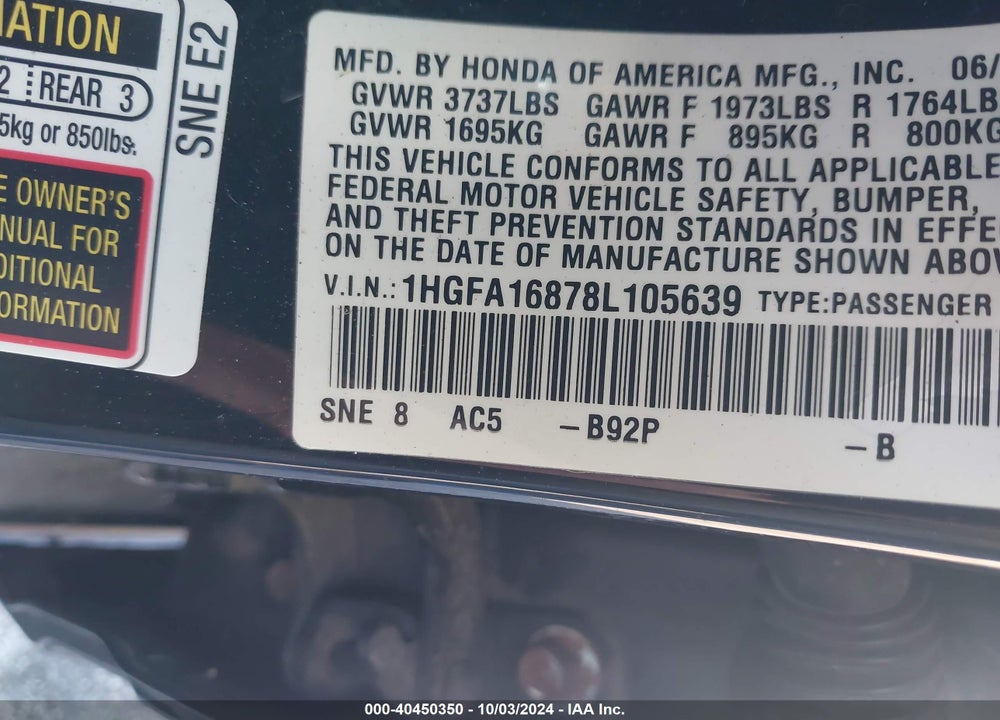 2008 HONDA CIVIC EX VIN: 1HGFA16878L105639