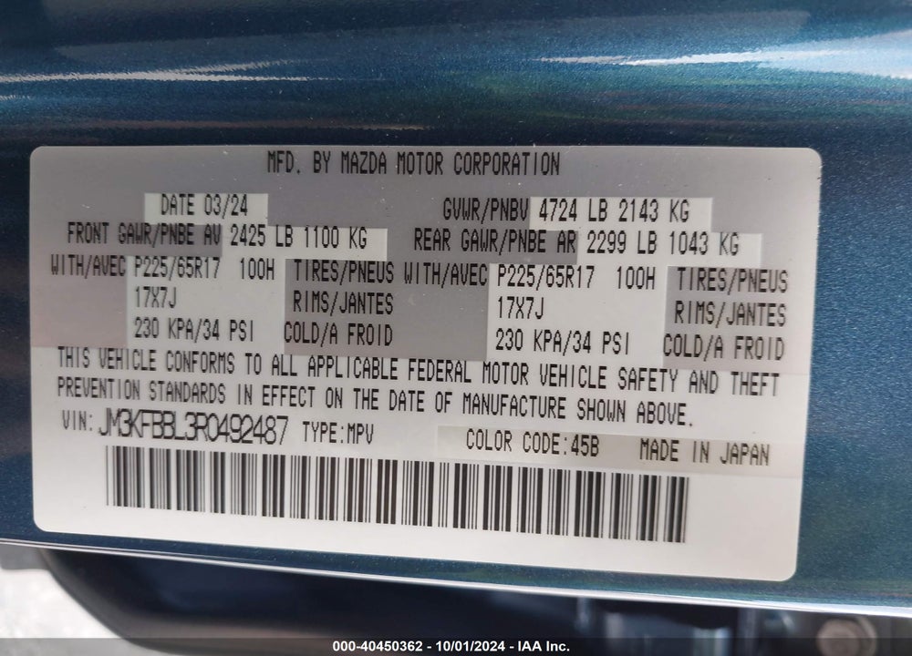 2024 MAZDA CX-5 2.5 S SELECT VIN: JM3KFBBL3R0492487